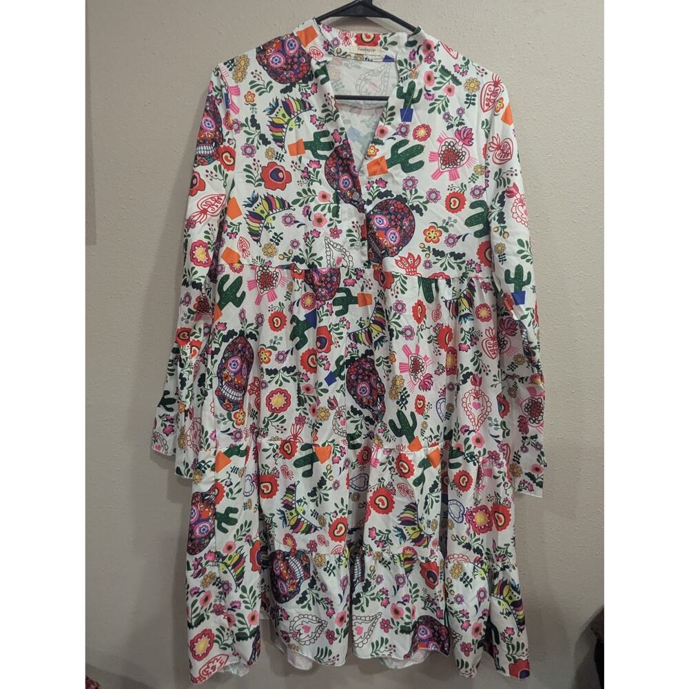 Festive dio los muertos sugar skull & southwestern long sleeve printed dress, L